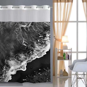 Detail of waterproof marble wave shower curtain with durable silver metal hanging rings