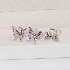 Elegant butterfly ear cuff and stud set with pink and purple zircon in silver finish