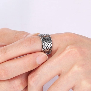 Punk style vintage woven pattern titanium steel ring for men with distressed silver finish