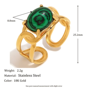 18K gold plated stainless steel open ring featuring oval green malachite gemstone