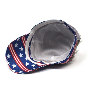 US flag pattern baseball cap with grey hair wig attached shown from top interior view