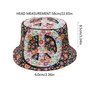 Detailed size chart showing floral bucket hat dimensions with 58cm circumference