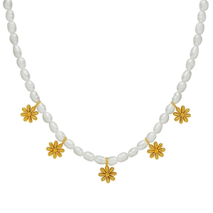 French style freshwater pearl necklace with daisy flower pendants in titanium steel