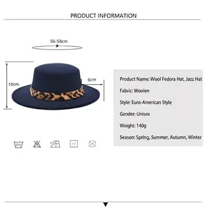 Chapeau fedora en laine bleu marine avec ruban léopard et détails de mesure