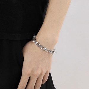Men's minimalist silver stainless steel chain bracelet with a double lobster clasp design