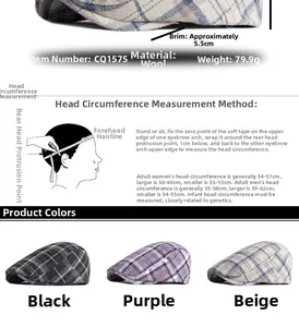 Size guide for retro plaid beret with head circumference measurement and product specs