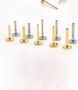 Sizing chart for stainless steel labret stud pins in silver and gold, 16g and 18g