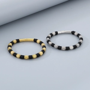 Detail of industrial stainless steel knurled bracelet in gold and silver finish