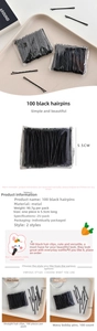 Close-up of 5.5cm black metal bobby pins showing straight and wavy styles in 100pcs pack