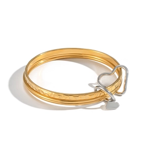 Three-layer 18K gold and silver stainless steel heart bangles with hammered texture