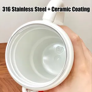 Insulated stainless steel coffee mug with ceramic lining and dual-drink handle