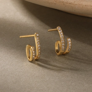 Elegant 18K gold plated S925 sterling silver J-shaped hoop earrings with zircon stones