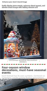Detail of Merry Christmas window stickers featuring snowman and Santa Claus decals