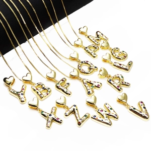 Alphabet Initial Pendant Necklace Copper Gold Plated Colorful Zircon Inlaid Heart Bail Box Chain Fashion Jewelry Women