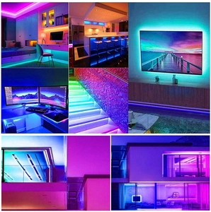 Detailed collage showing RGB LED strip applications in bedroom, kitchen and living room