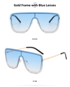 Detailed views of gold metal frame sunglasses with blue gradient lenses from two angles