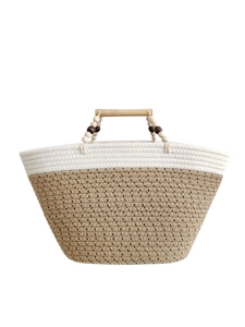 Handwoven beige cotton rope tote bag with round wooden handles and bead accents