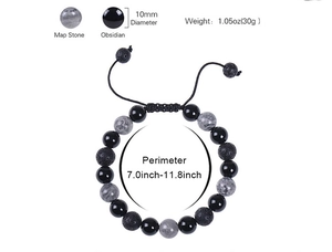 Detail of 10mm lava rock and obsidian beaded bracelet with adjustable braided rope cord