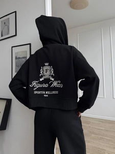 Sweat à capuche zippé oversize noir pour femme avec broderie sport et coupe courte