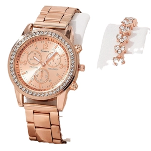 Rose gold Geneva watch set with sparkling rhinestone bracelet and heart charms on display