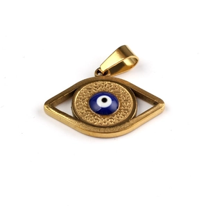 18k gold plated stainless steel evil eye pendant with blue resin and diamond frame