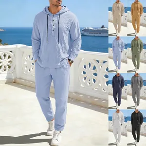 Haut À Capuche Et Pantalon Long Pour Hommes Mélange De Lin Décontracté Couleur Unie Vacances Plage Respirant
