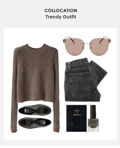 Flat lay of brown ribbed long sleeve sweater paired with stylish cat-eye sunglasses