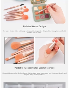 8-piece makeup brush set with wave-shaped bristles in a waterproof PVC pouch