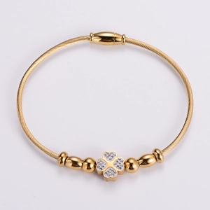 Stainless Steel Four Leaf Clover Wire Bangle Rhinestone Inlaid Metal Beads Elegant Jewelry For Women
