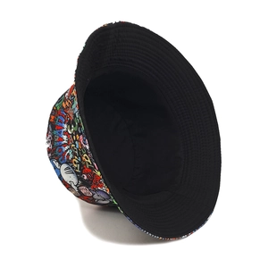 Double-sided reversible bucket hat with colorful graffiti print and solid black canvas