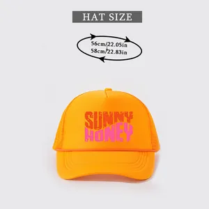Detailed size chart for orange trucker hat with Sunny Honey print showing 56-58cm fit