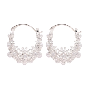 Silver hollow flower basket U-shaped earrings with textured weaving and white pearls