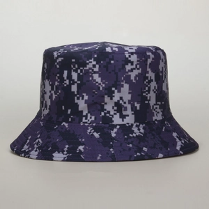Detailed view of the digital camouflage pattern on a purple reversible bucket hat