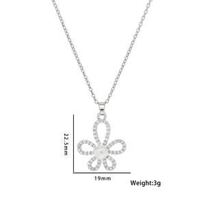 Silver five-petal flower necklace with pearls and gems, dimensions 22.5mm by 19mm