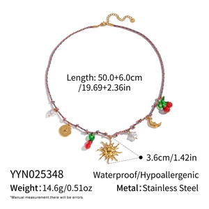 Detailed view of woven rope necklace with stainless steel charms and size measurements