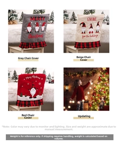 Detailed view of knitted Christmas gnome chair covers with plaid ruffle skirts and snowflakes