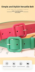 Close-up of candy color leather belts with matching square buckles and lychee texture