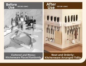 Wall-mounted kitchen knife holder with hooks and organizers for space-saving storage