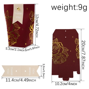 Elegant burgundy wedding favor box with gold foil rose patterns and thank you gift tag