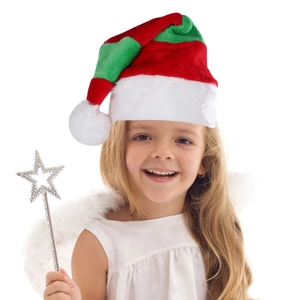 Girl wearing a festive red and green striped Christmas hat holding a shiny silver star wand