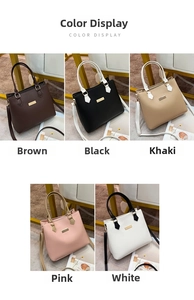 Five available colors of textured leather handbags including brown, black, khaki, pink, white