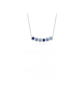 Macro detail of S925 silver necklace with seven gradient blue circular zircons