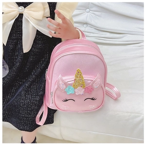 Pink glitter unicorn backpack for girls with shiny PU leather straps shown on back