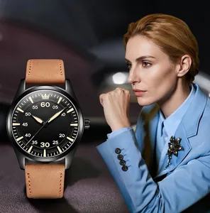 Detail of OLEVS men's watch with black dial and brown leather strap on luxury poster