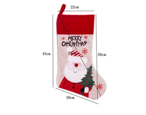 Detailed dimensions of a festive Santa Claus Christmas stocking in red and beige fabric
