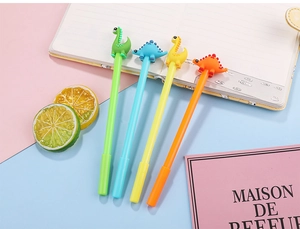 Set of four colorful cartoon dinosaur gel pens in green, blue, yellow, and orange colors