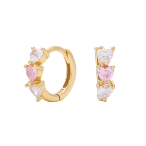 Elegant 925 sterling silver huggie earrings with heart-shaped pink and white zircons