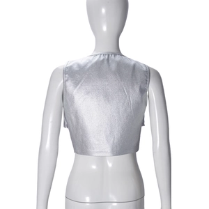 Detail view of silver PU leather vest with metallic finish and trendy tassel fringes on the back