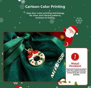 Detail of dark green velvet Christmas gift bag with a festive wreath charm and satin ribbon