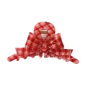 Elegant red plaid bow hair claw clip for French style women hair styling and updos